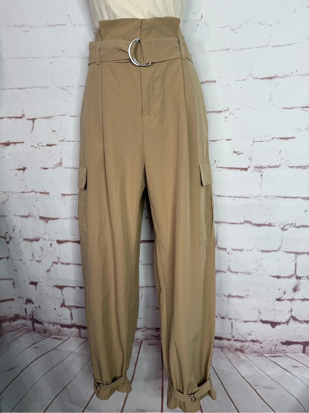 ZARA New With Tag M High Rise Paper Bag Straight Leg Camel Cargo Pants Medium - Picture 3 of 15